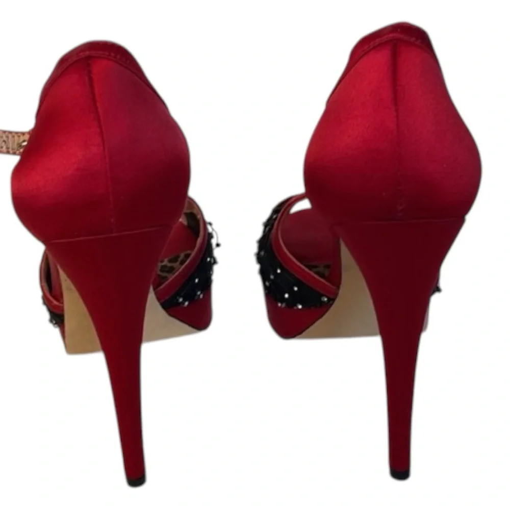BETSEY JOHNSON Infatuation Red Satin Heels Ankle Buckle Straps Open Toe Size 7.5